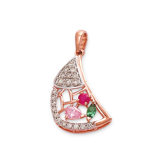 Elegant pendant by jnjbymadhuri in a unique crescent-inspired design, crafted in rose gold with intricate detailing, embellished with sparkling white stones and vibrant colored gemstones in pink, red, and green for a touch of sophistication and charm.
