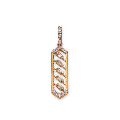 Geometric pendant in a rose gold setting featuring a vertical hexagonal frame with a repeating chevron diamond pattern inside, and a diamond-studded bail, displayed against a white background.
