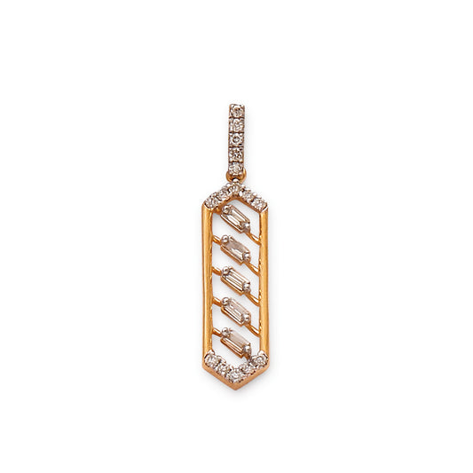 Geometric pendant in a rose gold setting featuring a vertical hexagonal frame with a repeating chevron diamond pattern inside, and a diamond-studded bail, displayed against a white background.
