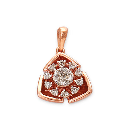 A rose gold diamond pendant with a brilliant-cut central diamond and intricate detailing, suitable for a woman.