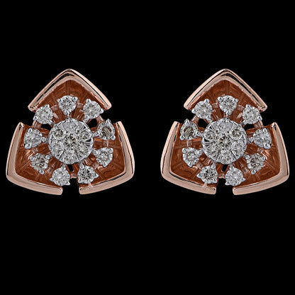 Elegant rose gold stud earrings featuring a radiant floral pattern with diamond-studded petals, exuding timeless sophistication. A refined and graceful accessory handcrafted by jnjbymadhuri.
