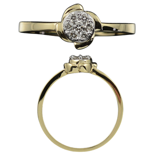 "Elegant jnjbymadhuri gold ring featuring a cluster of round diamonds in a floral-inspired setting, shown from top and side views on a white background."
