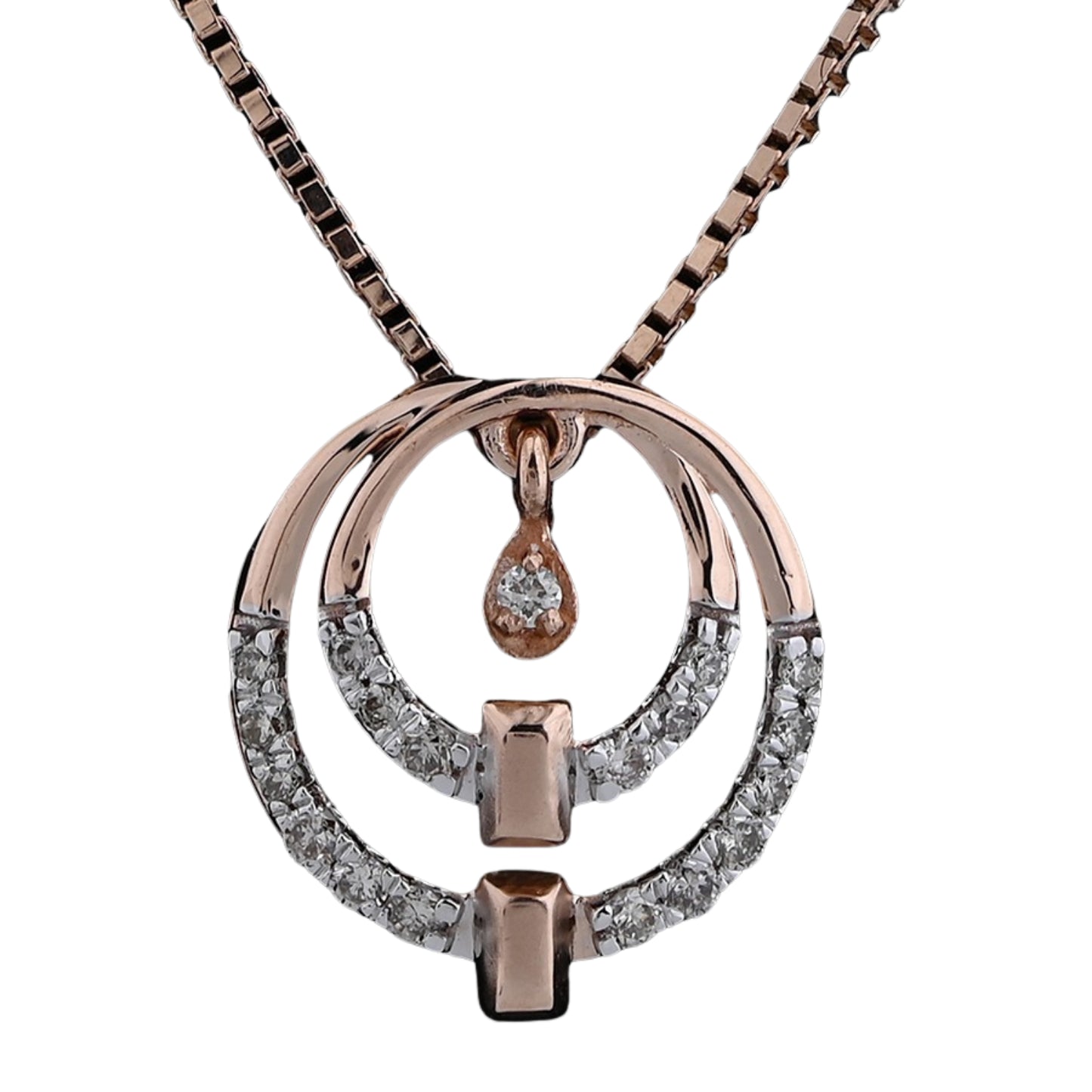 Elegant dual-circle rose gold and diamond pendant necklace by jnjbymadhuri, featuring a teardrop accent and modern geometric design on a delicate chain.
