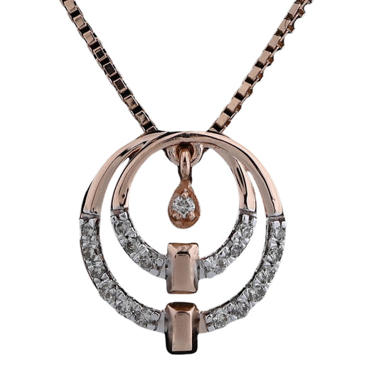 Elegant dual-circle rose gold and diamond pendant necklace by jnjbymadhuri, featuring a teardrop accent and modern geometric design on a delicate chain.
