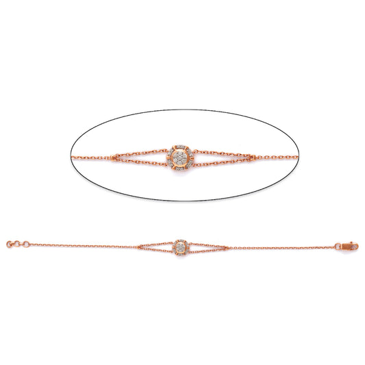 A delicate and sophisticated rose gold bracelet by jnjbymadhuri, featuring a circular centerpiece adorned with sparkling stones and flanked by intricate linear accents—blending timeless elegance with contemporary charm.
