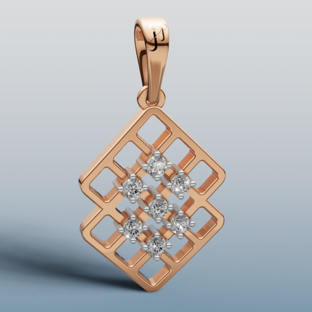 Rose gold pendant with diamond accents on a light gray background