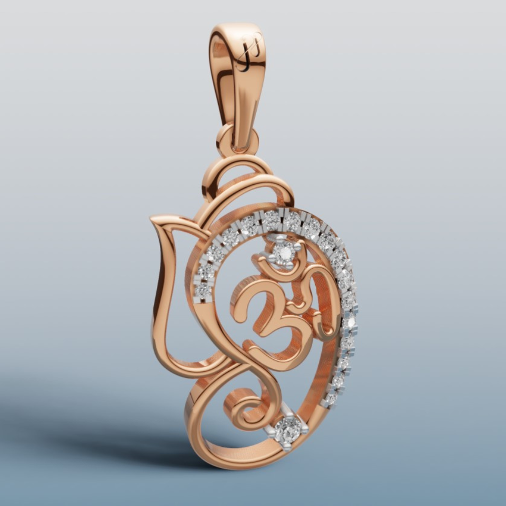 Rose gold pendant with diamond accents on a light gray background