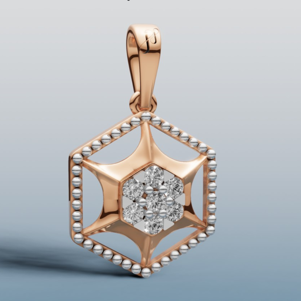 Rose gold hexagonal pendant with diamond center on a light gray background