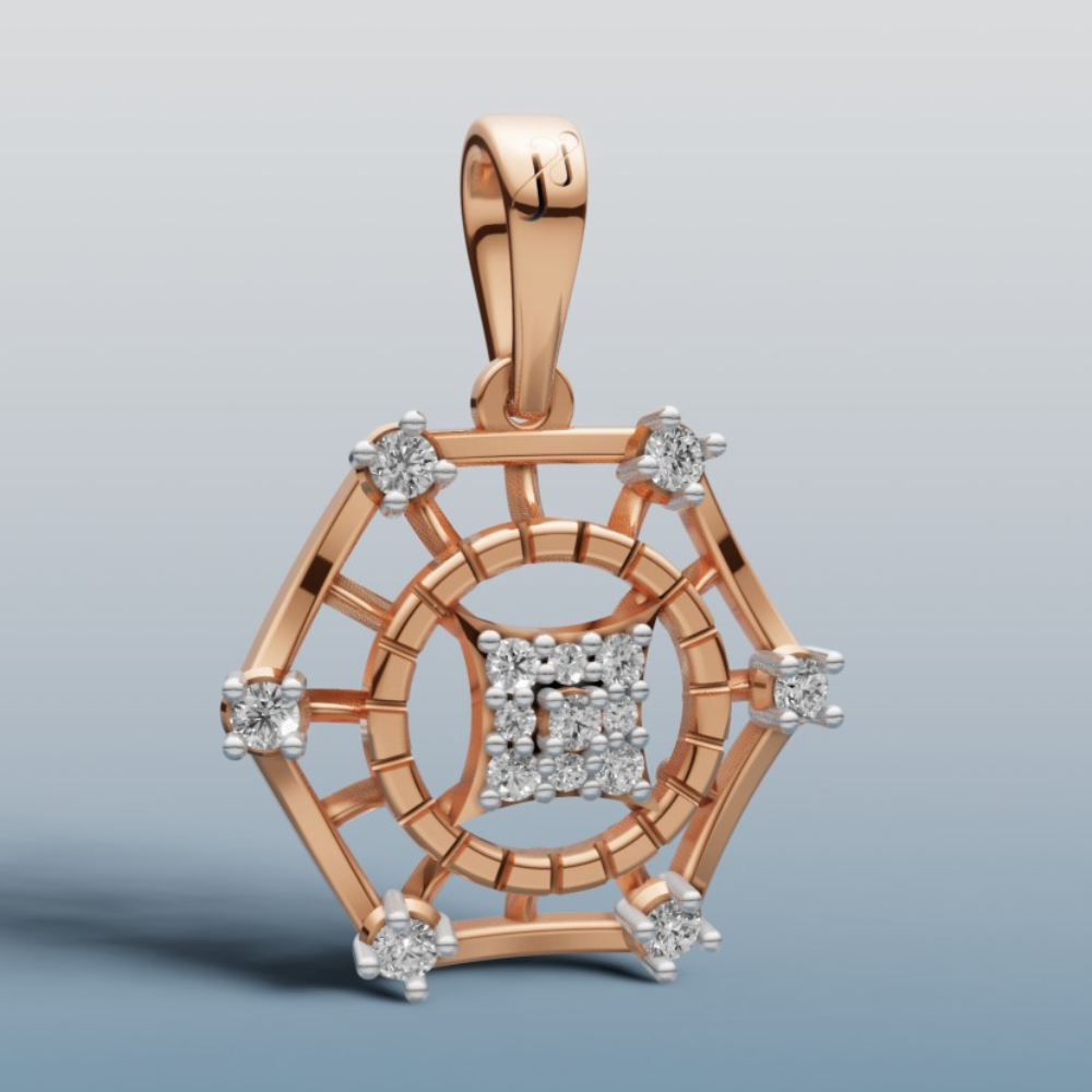 Rose gold pendant with diamond accents on a light gray background