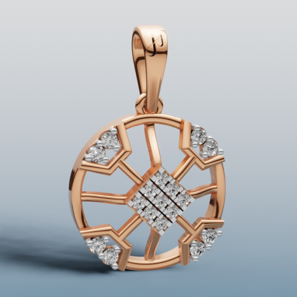 Rose gold pendant with diamond accents on a light gray background
