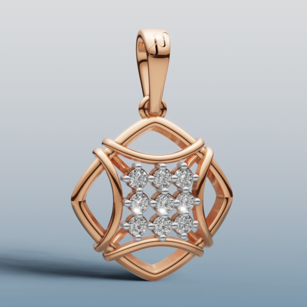 Rose gold pendant with diamond accents on a light gray background