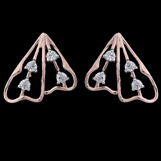This image provides a detailed view of the triangular rose gold earrings on a black background. The design features delicate openwork with three sparkling stones arranged in a descending line on each earring. These earrings blend modern geometric elegance with a refined sparkle, making them suitable for both casual and formal wear. The rose gold finish enhances their warm, sophisticated appeal.
