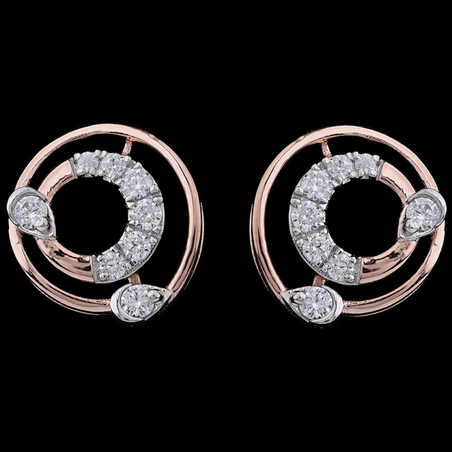 "Pair of circular rose gold and diamond stud earrings featuring a swirl design with small round and pear-shaped diamonds, displayed on a black background."
