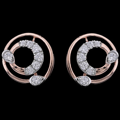 "Pair of circular rose gold and diamond stud earrings featuring a swirl design with small round and pear-shaped diamonds, displayed on a black background."

