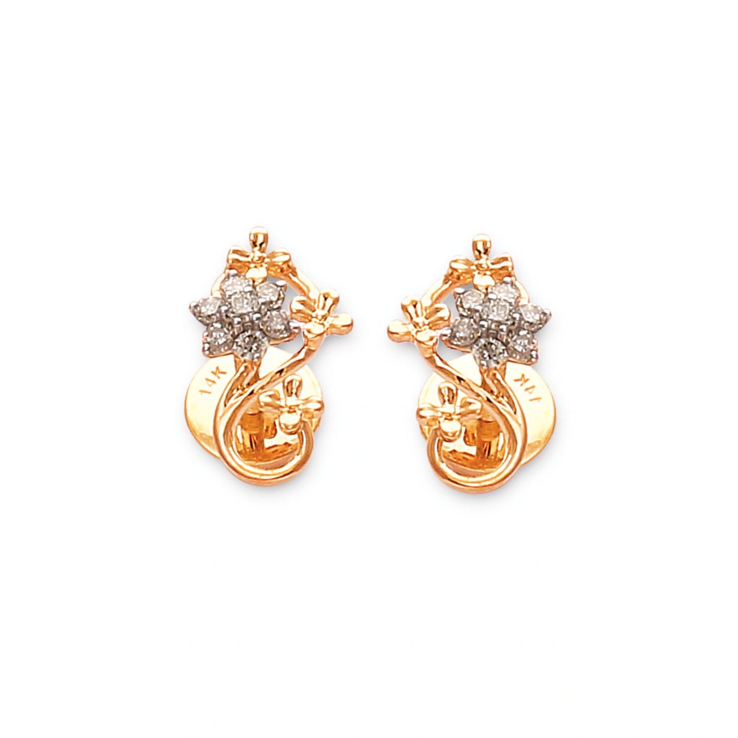 Delicate gold stud earrings by jnjbymaduri, featuring a sparkling floral diamond cluster with graceful curves and a touch of elegance, perfect for everyday sophistication.
