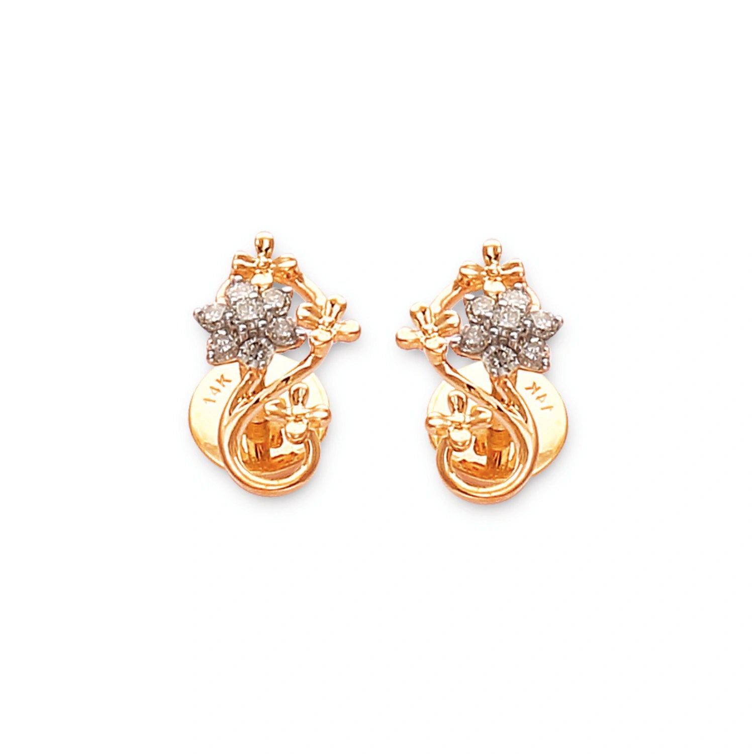 Delicate gold stud earrings by jnjbymaduri, featuring a sparkling floral diamond cluster with graceful curves and a touch of elegance, perfect for everyday sophistication.
