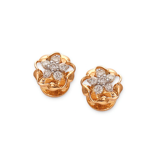 Delicate gold floral stud earrings by jnjbymaduri, featuring sparkling diamonds set in a blooming petal design, perfect for adding a touch of timeless elegance to any look.