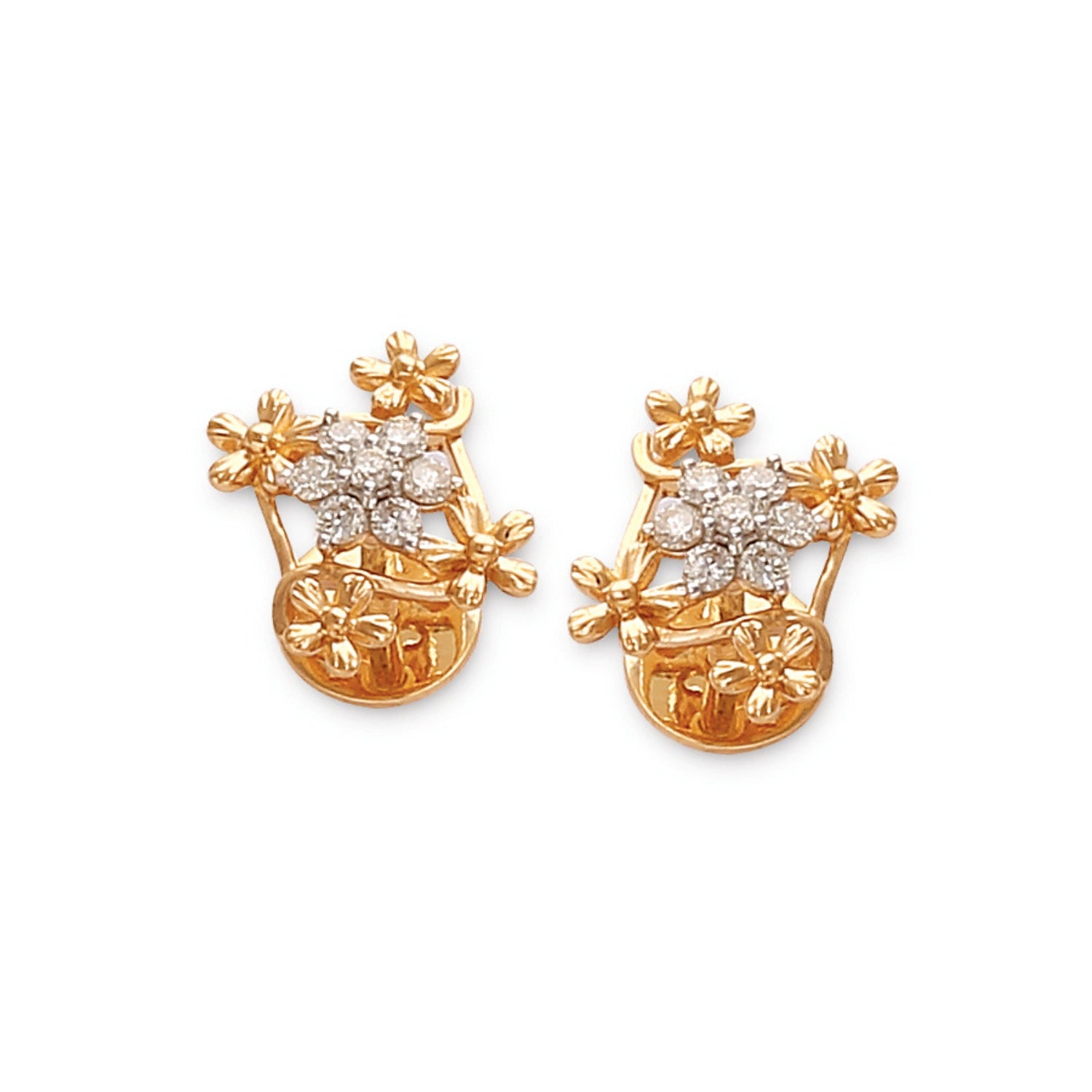 Exquisite gold floral stud earrings by jnjbymaduri, featuring a delicate arrangement of sparkling diamonds set in a blooming branch design, perfect for adding elegance and grace to any ensemble.
