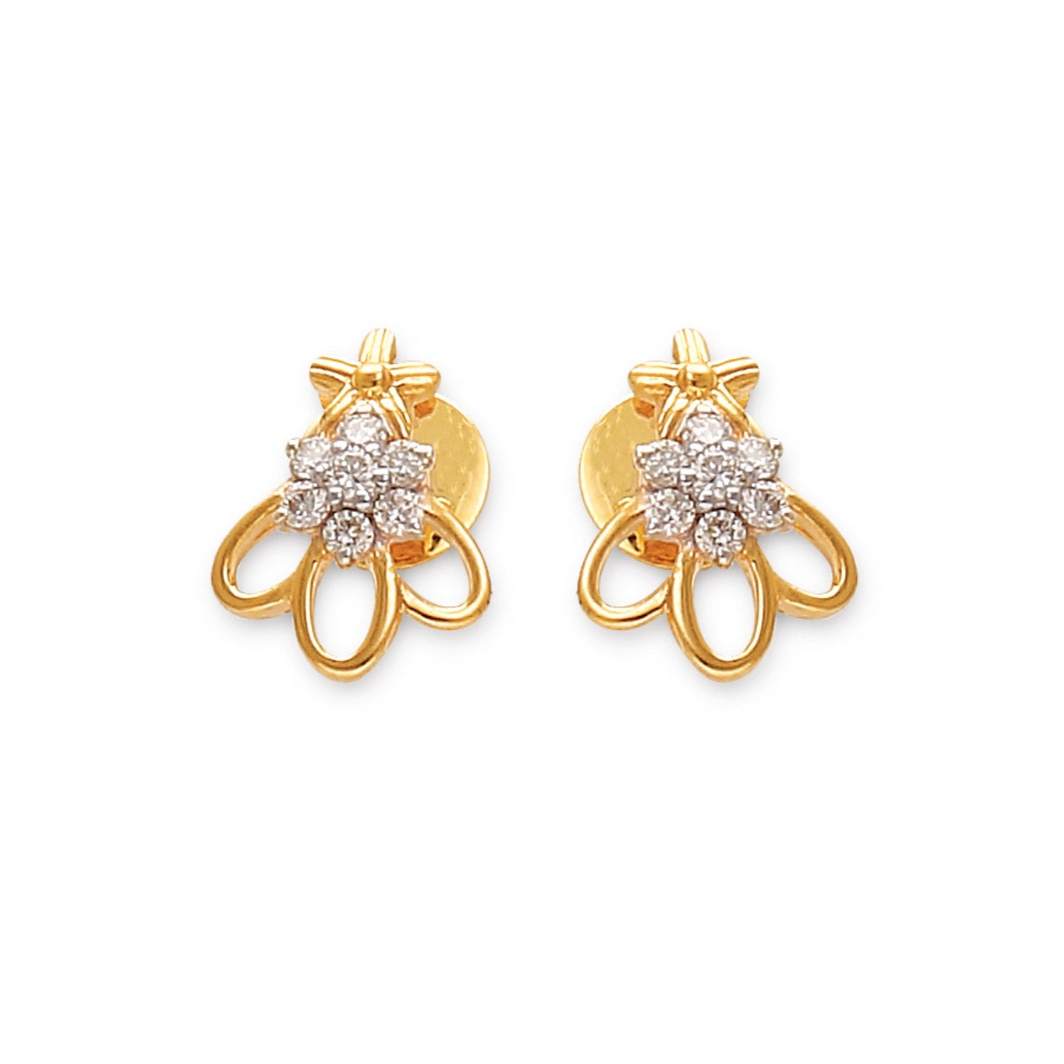 a pair of delicate gold earrings with floral diamond clusters and open petal-like loops — jewelry by jnjbymadhuri.
