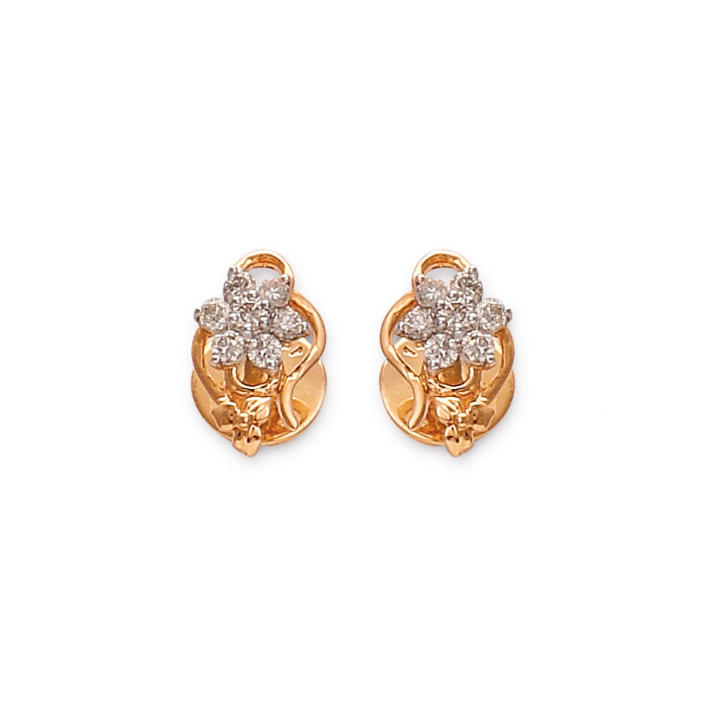 Gold floral diamond stud earrings by jnjbymaduri, featuring a delicate cluster design crafted from polished gold and sparkling diamonds, offering an elegant and versatile accessory for any occasion.
