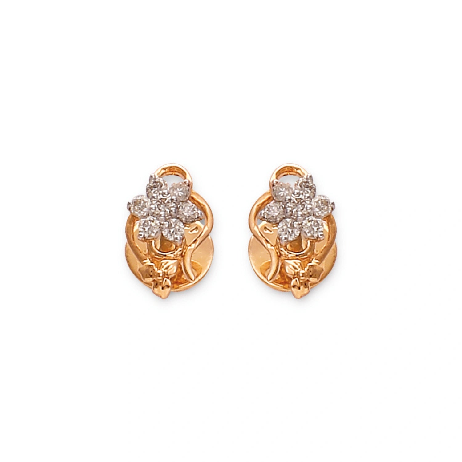 Gold floral diamond stud earrings by jnjbymaduri, featuring a delicate cluster design crafted from polished gold and sparkling diamonds, offering an elegant and versatile accessory for any occasion.
