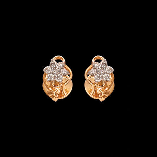Gold floral stud earrings by jnjbymaduri, adorned with shimmering diamonds arranged in a flower motif, exuding timeless charm and sophistication suitable for both everyday wear and special occasions.
