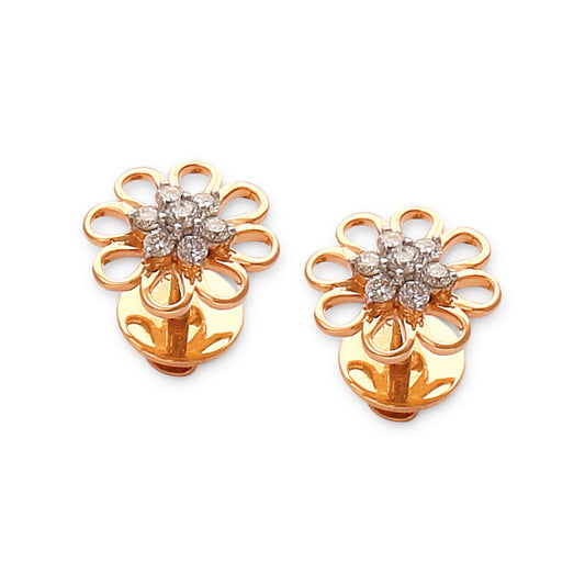 Elegant floral gold earrings by jnjbymadhuri, featuring open petal loops adorned with shimmering diamonds at the center, offering a perfect blend of traditional charm and modern finesse.
