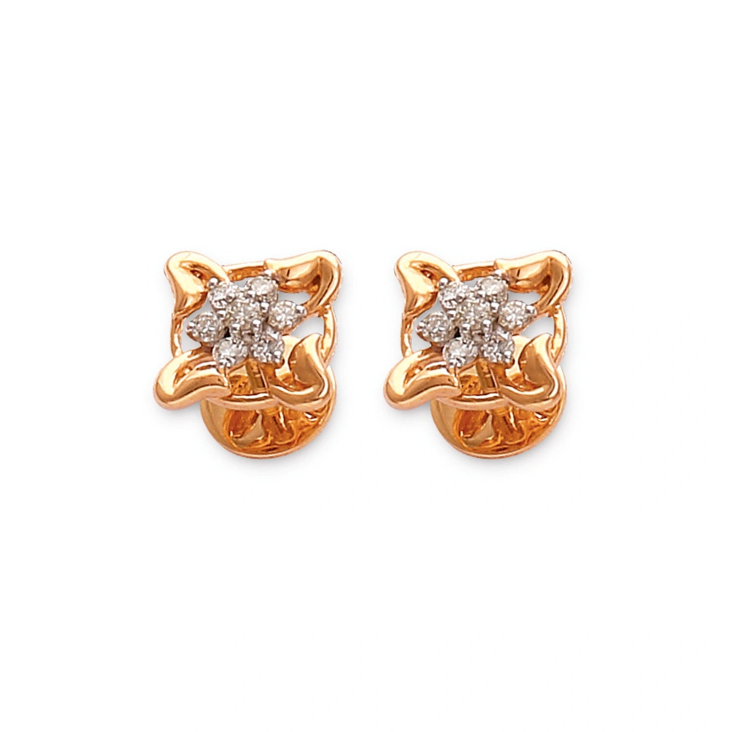 Elegant gold-plated floral stud earrings featuring a four-petal design with shimmering diamond accents at the center, handcrafted by jnjbymadhuri to bring timeless charm and sophistication to your jewelry collection.
