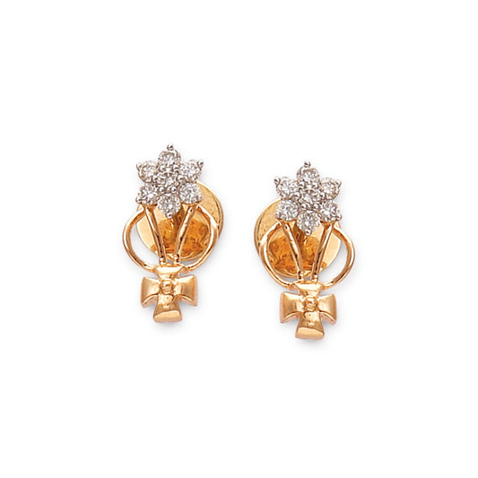 gold stud earrings with a floral diamond cluster on top, connected to a gold bow-like base — displayed on a white background.
