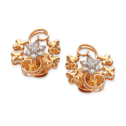 a pair of ornate rose gold earrings with intricate floral and vine designs featuring central diamond accents — jewelry by jnjbymadhuri.
