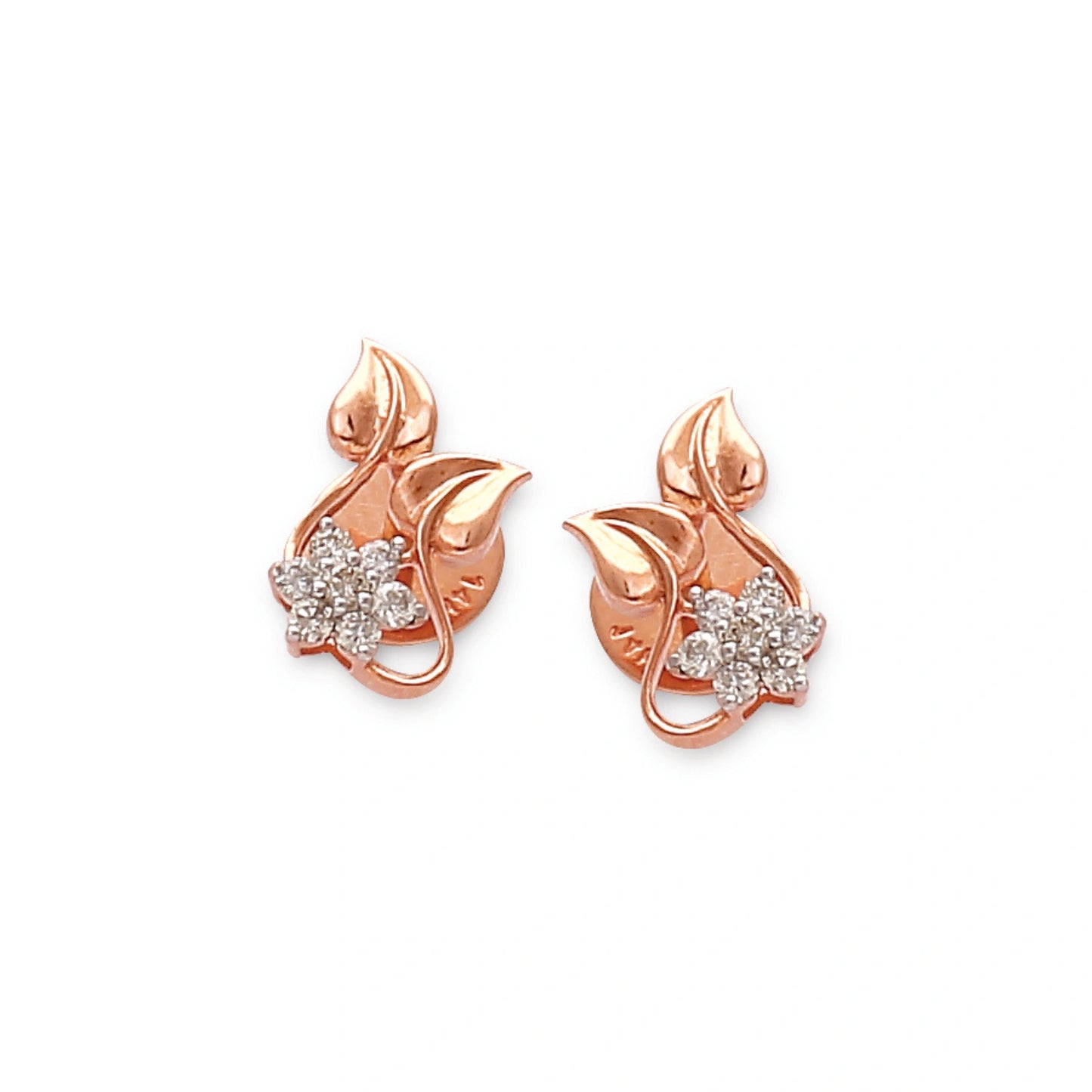 Delicate rose gold earrings by jnjbymaduri, featuring a graceful leaf motif with a sparkling floral diamond cluster, perfect for an elegant and feminine touch.
