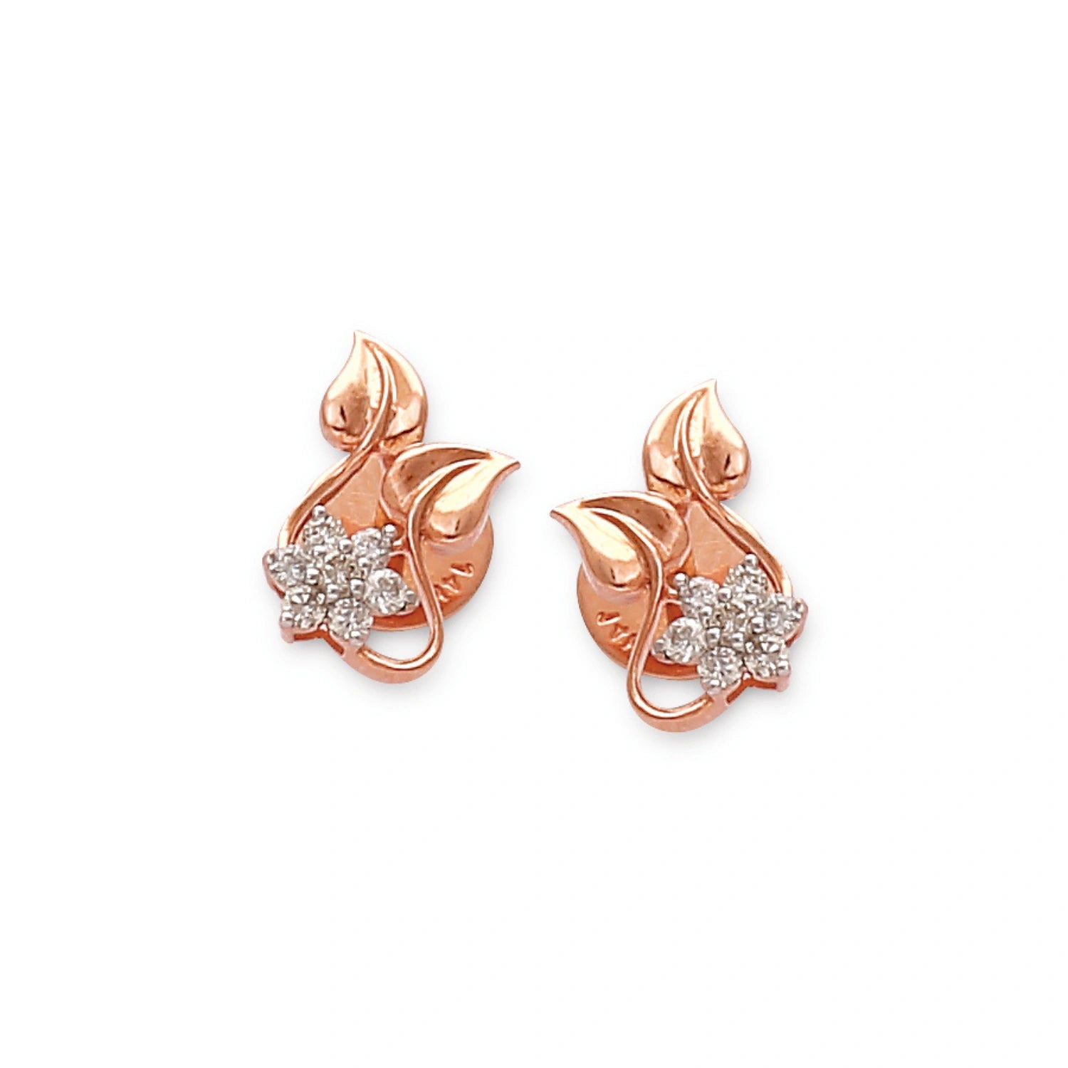 Delicate rose gold earrings by jnjbymaduri, featuring a graceful leaf motif with a sparkling floral diamond cluster, perfect for an elegant and feminine touch.
