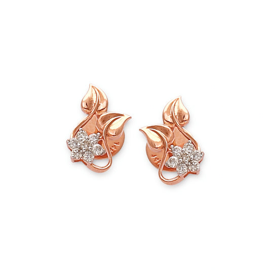 Delicate rose gold earrings by jnjbymaduri, featuring a graceful leaf motif with a sparkling floral diamond cluster, perfect for an elegant and feminine touch.
