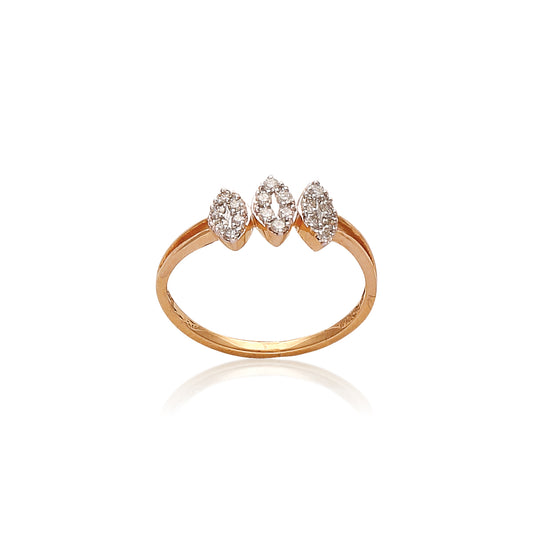 Gold ring with three marquise-shaped diamond clusters set side by side, centered on a plain gold band, shown against a white background with a soft reflection.
