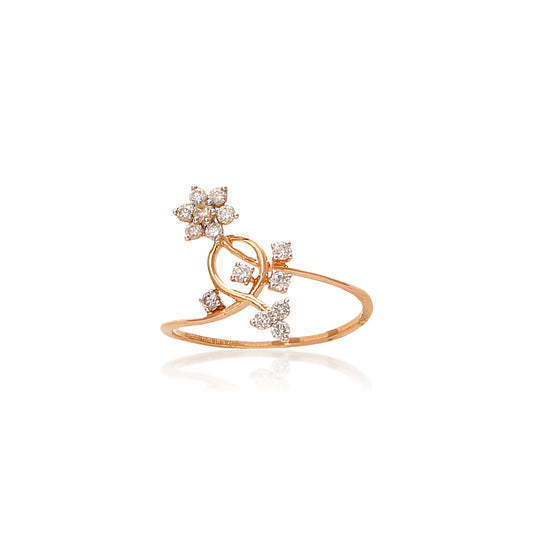 Gold ring with an open design featuring a star-shaped diamond cluster on one end and three smaller diamonds on the other, displayed on a white background with a subtle reflection.
