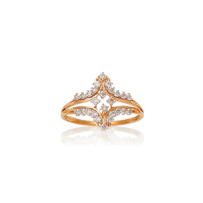 Gold ring with a symmetrical V-shaped design featuring a diamond-studded open center and rows of small diamonds along the top curves, set against a white background with a soft reflection.
