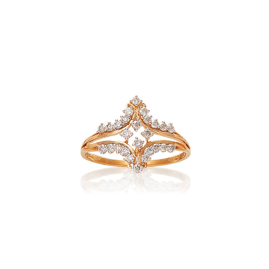Gold ring with a symmetrical V-shaped design featuring a diamond-studded open center and rows of small diamonds along the top curves, set against a white background with a soft reflection.
