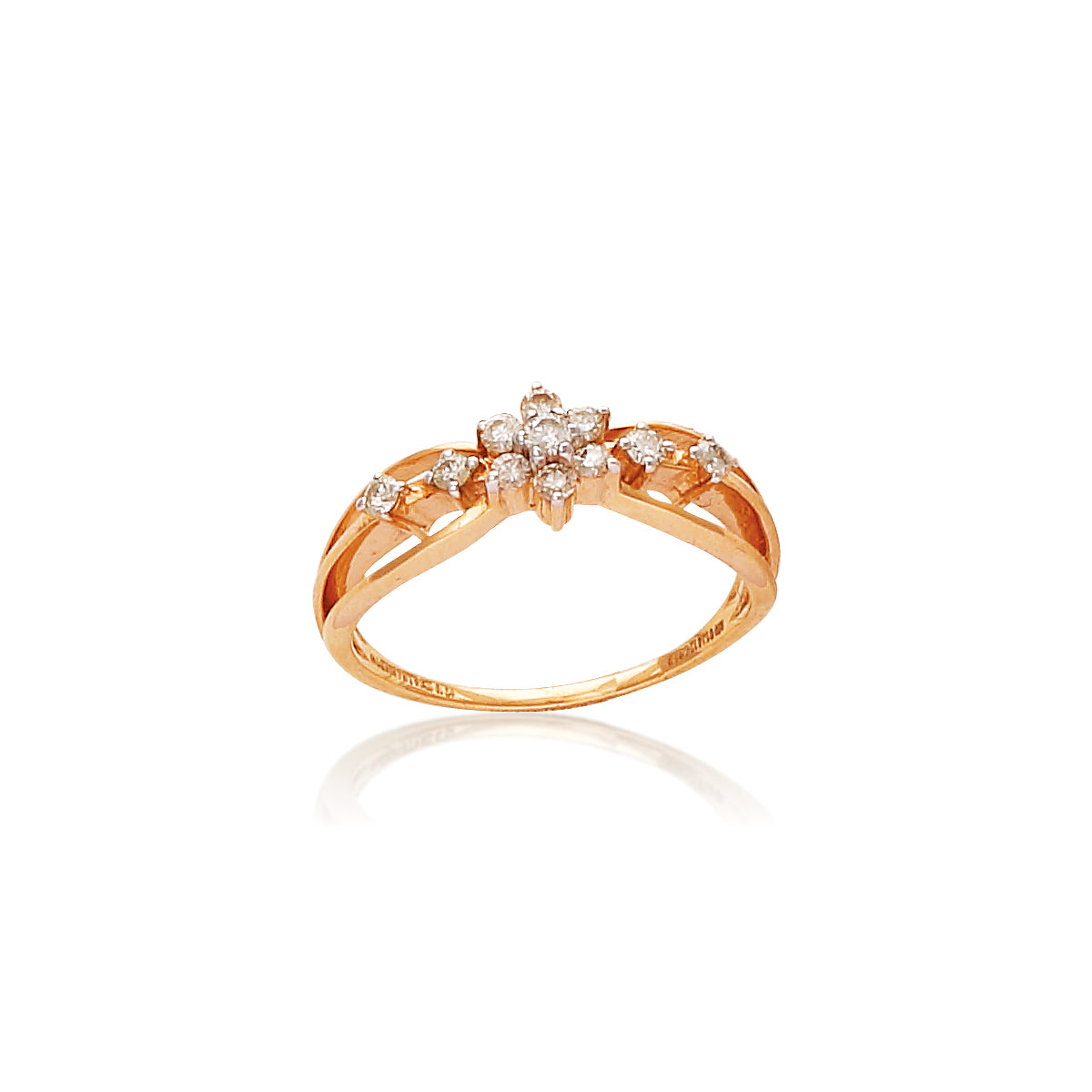 Elegant gold ring featuring a central floral diamond motif with side accents, radiating charm and sophistication. Perfectly crafted by jnjbymadhuri.
