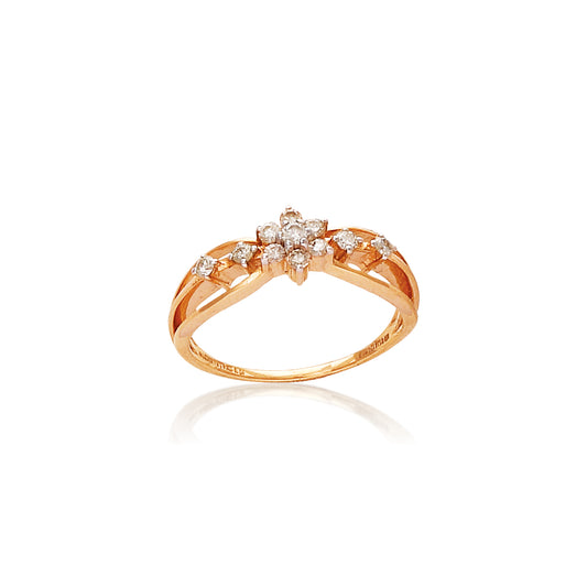 Elegant gold ring featuring a central floral diamond motif with side accents, radiating charm and sophistication. Perfectly crafted by jnjbymadhuri.
