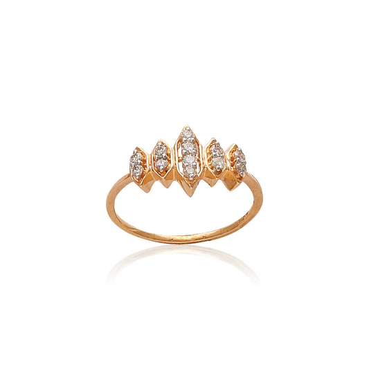 Gold ring featuring five marquise-cut diamonds arranged in a fan-like pattern, with the central stone slightly elevated, set against a clean white background with a soft reflection below.
