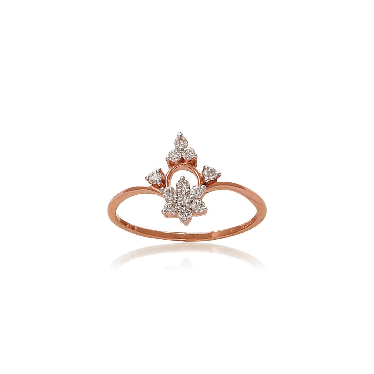 Elegant rose gold ring with a delicate arch design, showcasing a central floral diamond cluster flanked by three smaller diamonds, set against a white background with a soft reflection.
