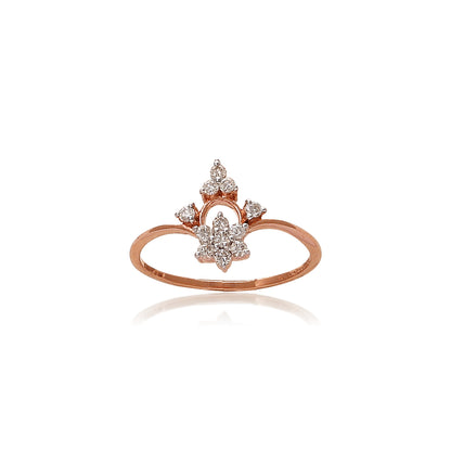Elegant rose gold ring with a delicate arch design, showcasing a central floral diamond cluster flanked by three smaller diamonds, set against a white background with a soft reflection.
