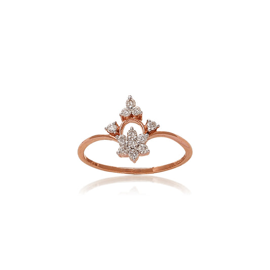 Elegant rose gold ring with a delicate arch design, showcasing a central floral diamond cluster flanked by three smaller diamonds, set against a white background with a soft reflection.
