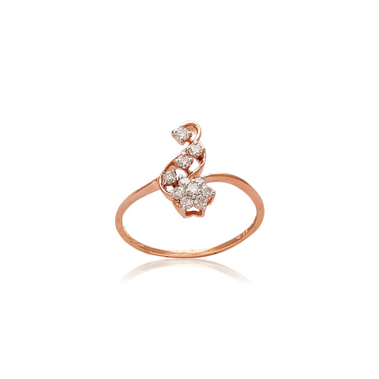 Delicate rose gold ring featuring an asymmetrical arrangement of sparkling diamonds, gracefully set along a curved open band, displayed on a white background with soft reflection.
