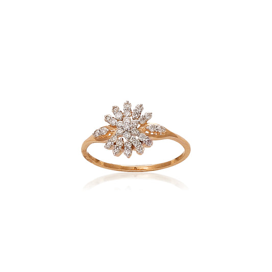 Gold ring featuring a floral cluster of marquise and round-cut diamonds, arranged in a radiant bloom design, set against a clean white background.
