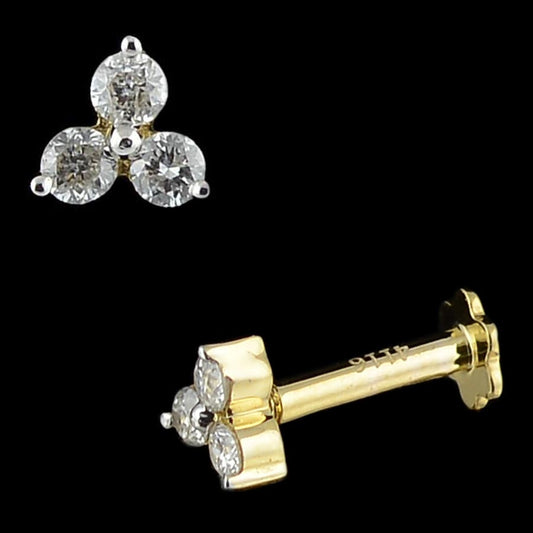Elegant tri-stone diamond stud in a sleek yellow gold setting, offering a modern yet classic appeal. This refined piece is a timeless creation by jnjbymadhuri.