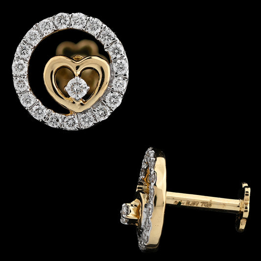 This charming earring showcases a golden heart encased within a circle of dazzling diamonds, symbolizing love embraced by brilliance. A delicate and heartfelt design from jnjbymadhuri.
