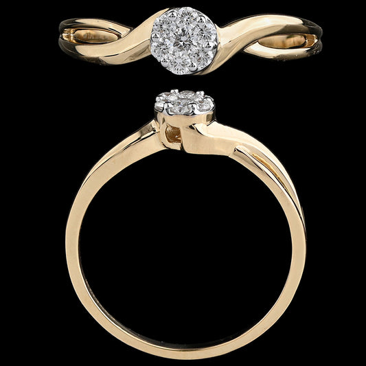 This graceful gold ring features a round diamond cluster centerpiece set on a smooth, tapered band. A timeless and radiant creation by jnjbymadhuri.
