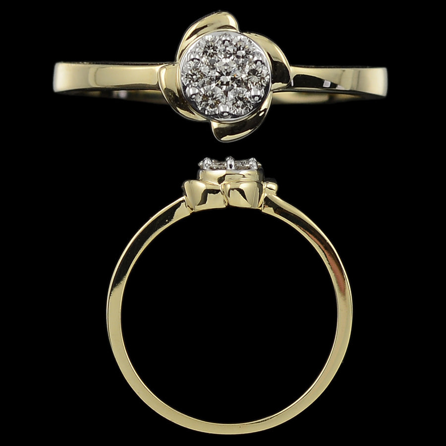 "Stylish gold ring by jnjbymadhuri featuring a round cluster of diamonds in a floral motif, shown in top and side views against a black background."
