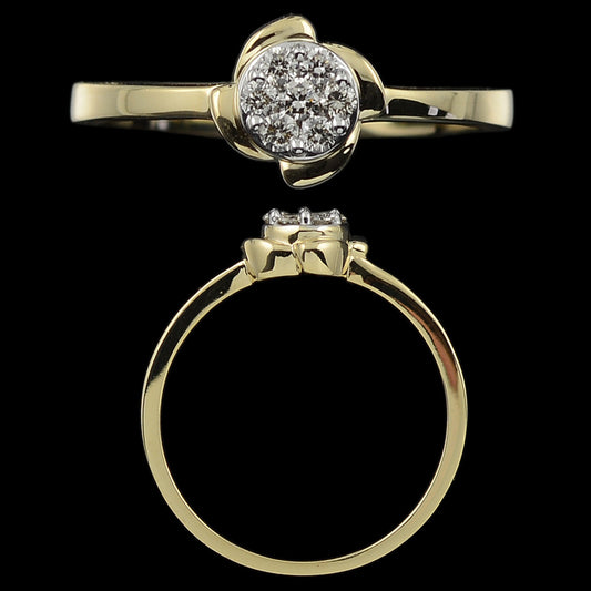 "Stylish gold ring by jnjbymadhuri featuring a round cluster of diamonds in a floral motif, shown in top and side views against a black background."
